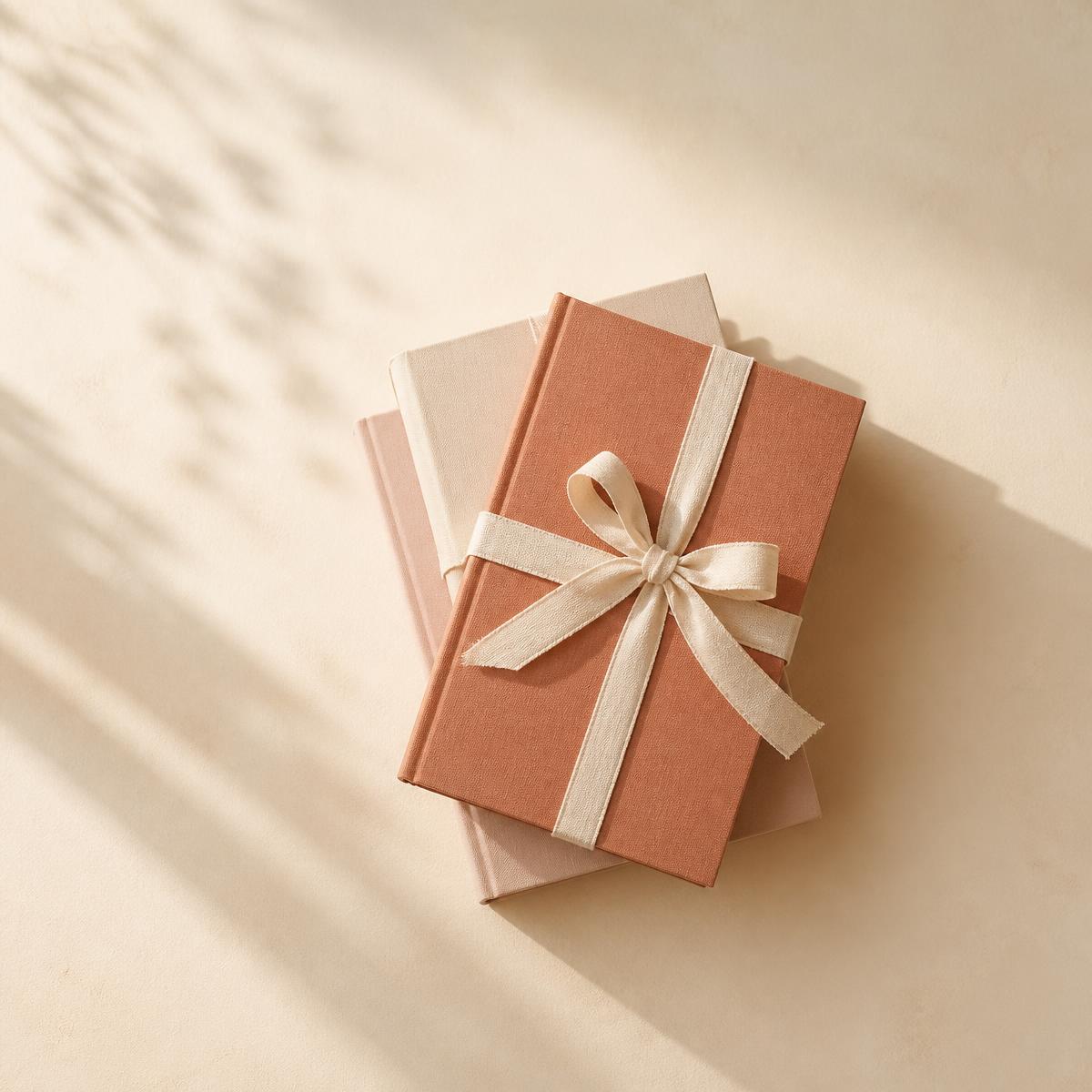 A small stack of warm-toned hardcover books tied with a linen ribbon